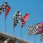a row of checkered flags blowing in the wind